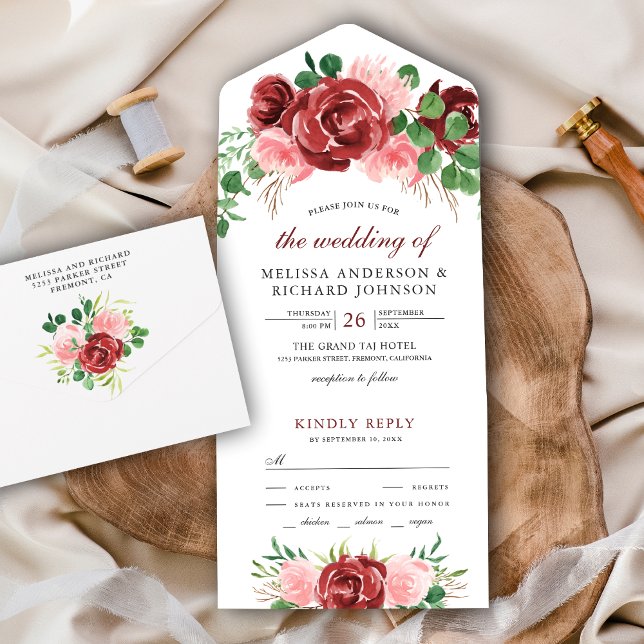 Blush Pink and Burgundy Red Floral Bouquet Wedding All In One Invitation (Creator Uploaded)