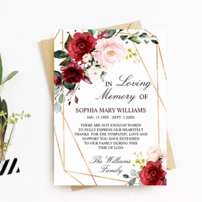 Blush Pink and Burgundy Sympathy Memory Thank You Card (Creator Uploaded)