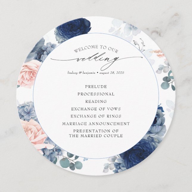 Blush Pink and Dusty Blue Floral Wedding Program Programme (Front)