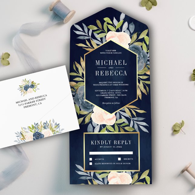 Blush Pink and Dusty Navy Blue Floral Wedding All In One Invitation (Creator Uploaded)