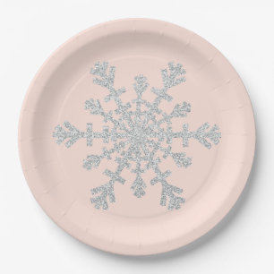 Blush Pink and Faux Glitter Silver Snowflake Paper Plate