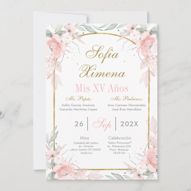 Blush Pink and Gold Arch Quinceañera Invitation (Front)