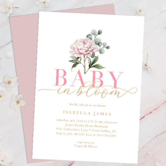 Blush Pink and Gold Baby in Bloom Floral Baby Show Invitation (Baby In Bloom Baby Shower Invitation)