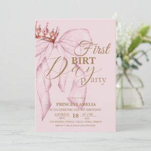 Blush Pink and Gold Bow First Birthday Party Invitation