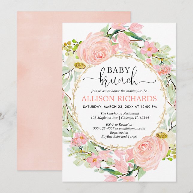 Blush pink and gold brunch girl baby shower floral invitation (Front/Back)