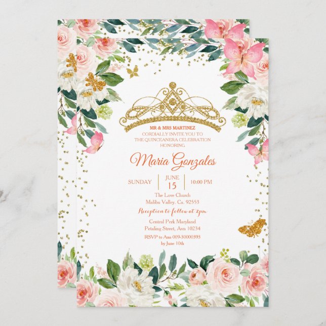 Blush Pink and Gold Butterfly Mis Quince Invitation (Front/Back)