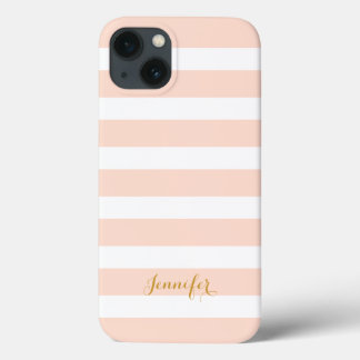 Blush Pink and Gold Classic Stripes Monogram iPhone 13 Case