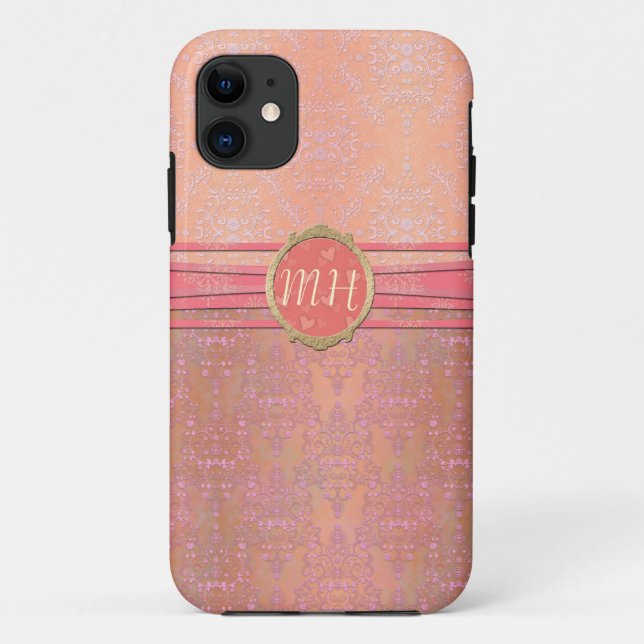 Blush Pink and Gold Damask Custom Monogram Pattern Case-Mate iPhone Case (Back)