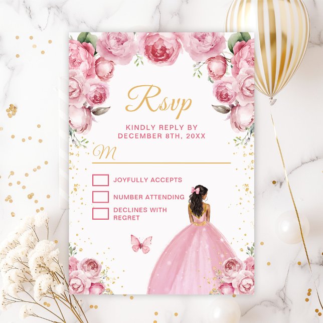Blush Pink and Gold Dark Skin Princess RSVP Card (Creator Uploaded)