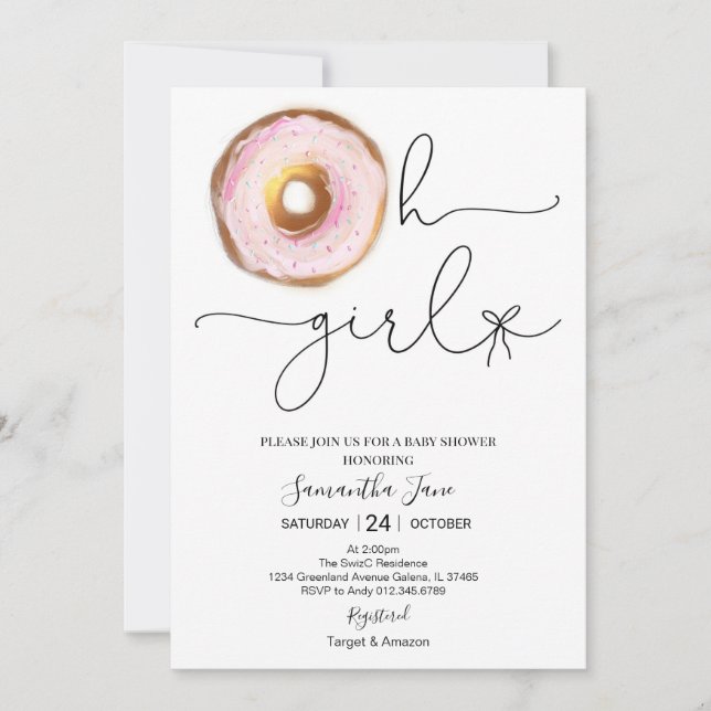 Blush Pink and Gold Doughnut Oh Girl Baby Shower Invitation (Front)