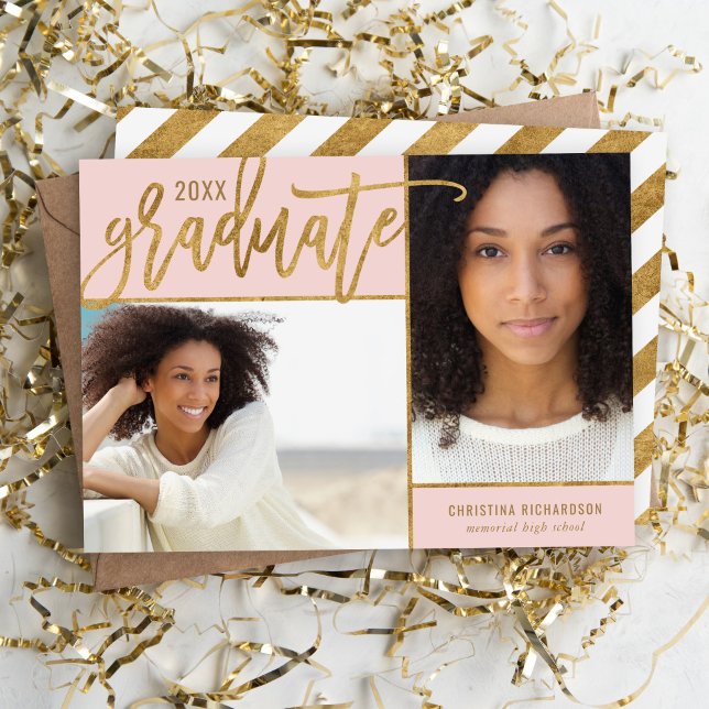 Blush Pink and Gold Faux Foil 2 Photo Graduation Announcement (Creator Uploaded)