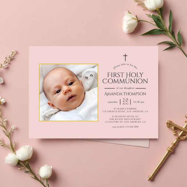 Blush Pink and Gold First Holy Communion Photo Invitation (Blush Pink and Gold First Holy Communion Photo Invitation)