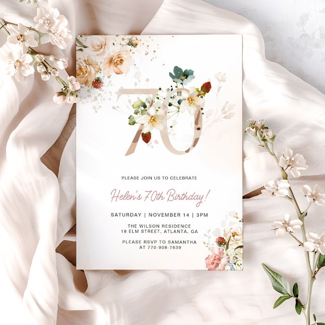 Blush Pink and Gold Floral 70th Birthday Invite (Creator Uploaded)
