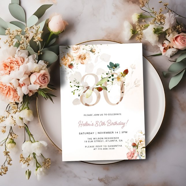 Blush Pink and Gold Floral 80th Birthday Invite (Creator Uploaded)