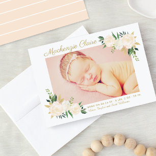 Blush Pink and Gold Floral Baby Girl Photo Birth Announcement
