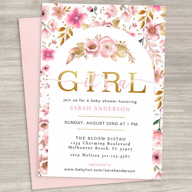 Blush Pink and Gold Floral Baby Girl Shower Invita Invitation (It's A Girl Baby Shower Invitation)