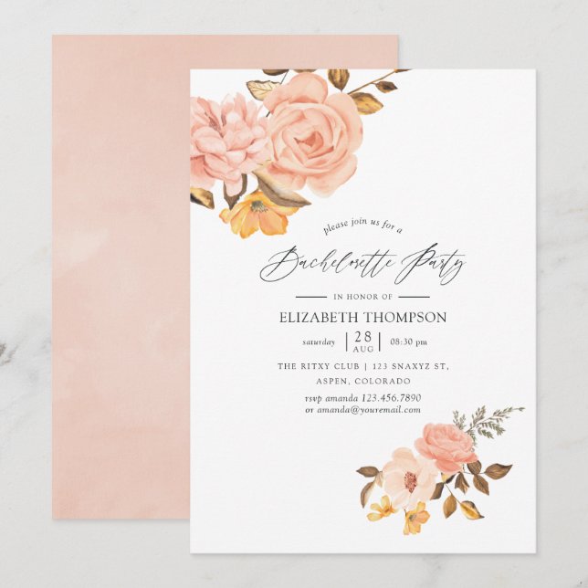 Blush Pink and Gold Floral Bachelorette Party Invitation (Front/Back)