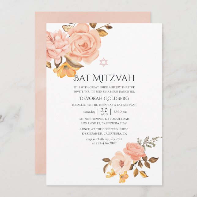 Blush Pink and Gold Floral Bat Mitzvah Invitation (Front/Back)