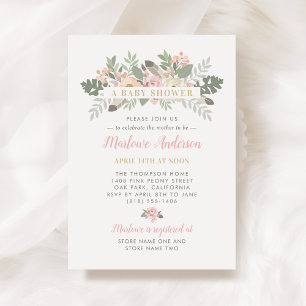 Blush Pink and Gold Floral Boho Girl Baby Shower Invitation