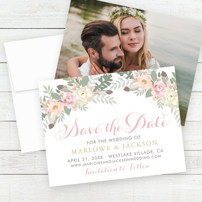 Blush Pink and Gold Floral Boho Wedding Photo Save The Date (Creator Uploaded)