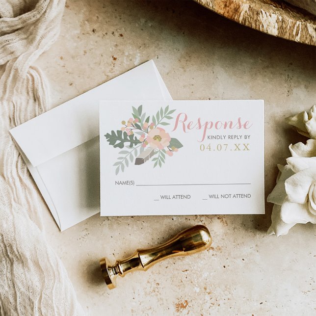 Blush Pink and Gold Floral Boho Wedding RSVP Card (Creator Uploaded)