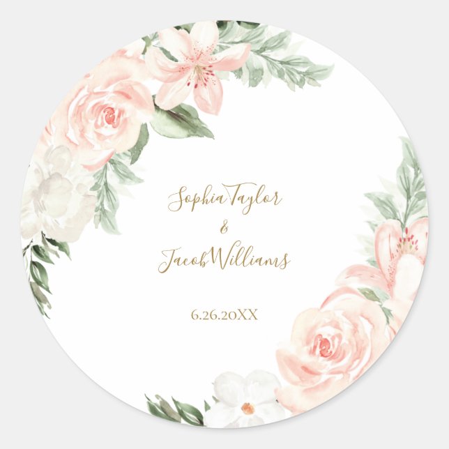Blush Pink and Gold Floral Botanical Wedding Classic Round Sticker (Front)