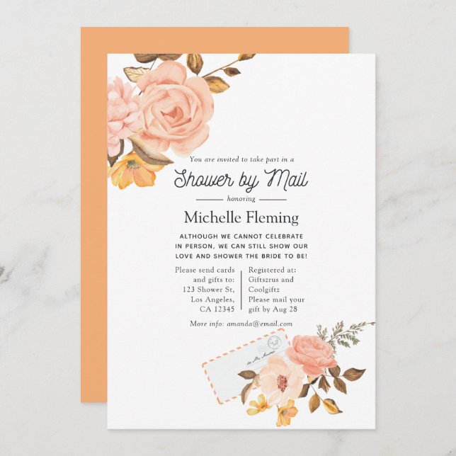 Blush Pink and Gold Floral Bridal Shower by Mail Invitation (Front/Back)