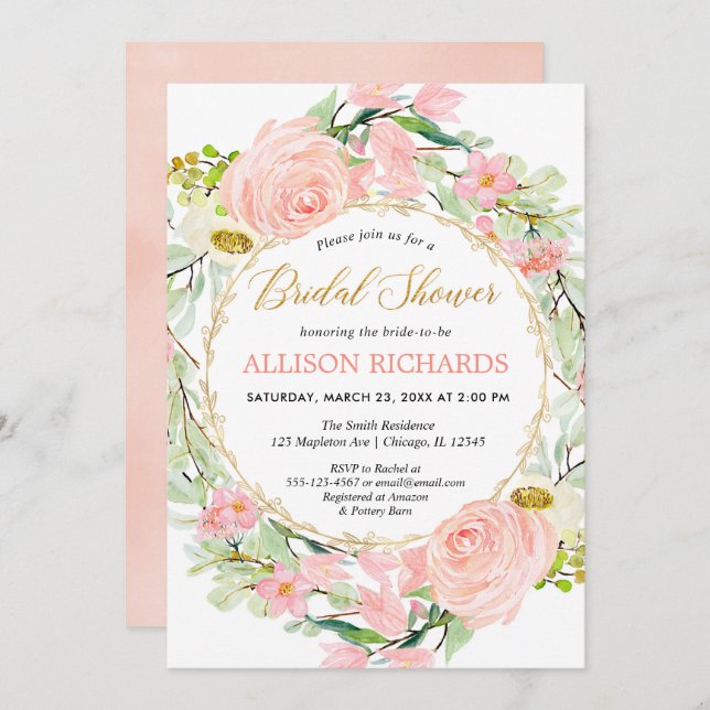 Blush pink and gold floral bridal shower invitation (Front/Back)
