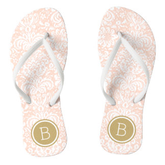 Blush Pink and Gold Floral Damask Monogram Jandals