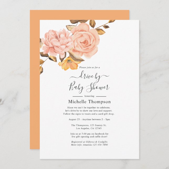 Blush Pink and Gold Floral Drive By Shower Invitation (Front/Back)