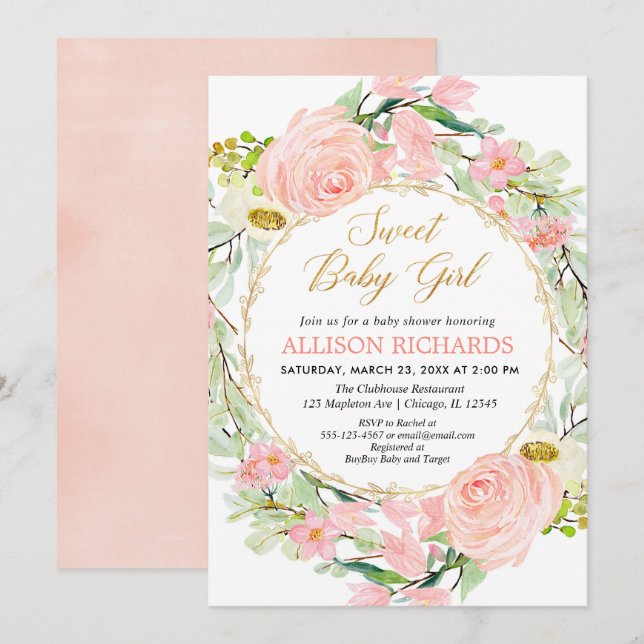 Blush pink and gold floral girl baby shower invitation (Front/Back)