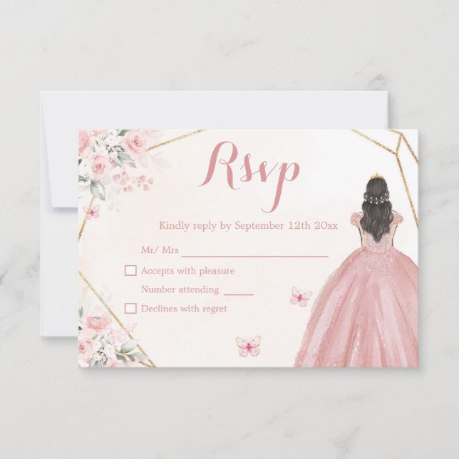 Blush pink and Gold Floral Girl Sweet Sixteen RSVP Card (Front)