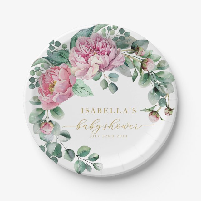 Blush Pink and Gold Floral Greenery Baby Shower Pa Paper Plate (Front)