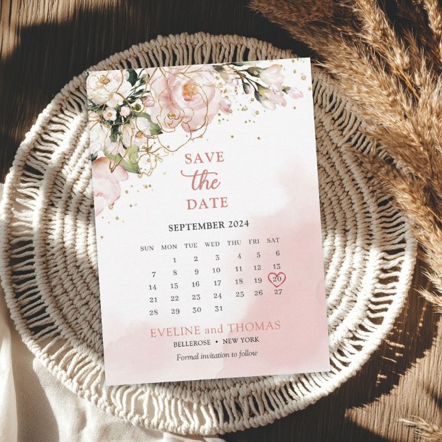 Blush pink and gold floral greenery gold sparkles save the date (Blush pink and gold floral greenery gold sparkles save the date)