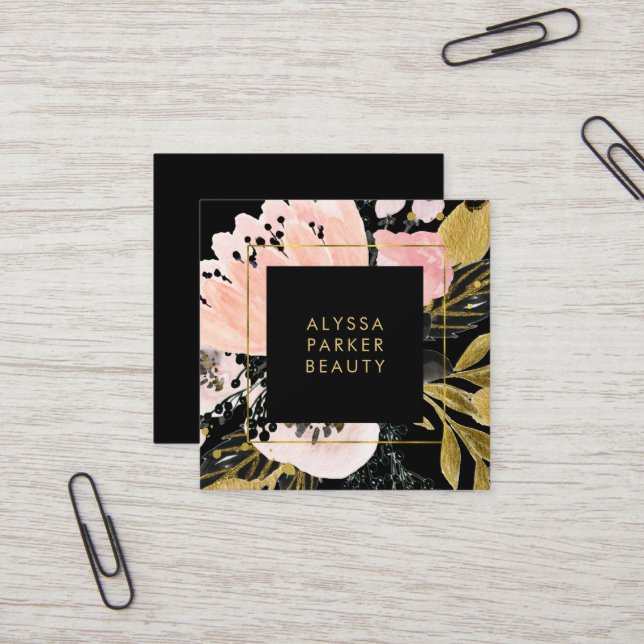 Blush Pink and Gold Floral on Black Square Business Card (Front/Back In Situ)