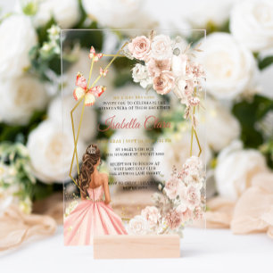 Blush Pink and Gold Floral Princess Quinceanera Acrylic Invitations
