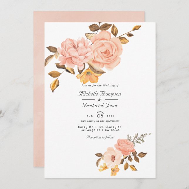 Blush Pink and Gold Floral QR Code RSVP Wedding Invitation (Front/Back)