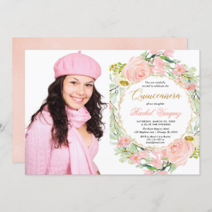 Blush pink and gold floral Quinceanera photo Invitation
