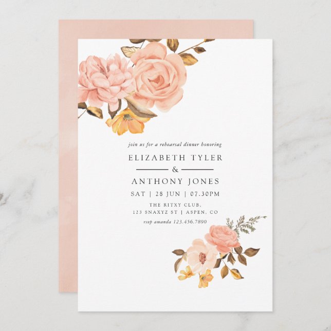 Blush Pink and Gold Floral Rehearsal Dinner Invitation (Front/Back)