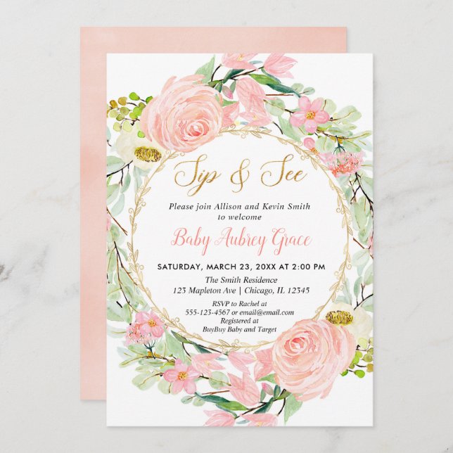 Blush pink and gold floral Sip and See Invitation (Front/Back)