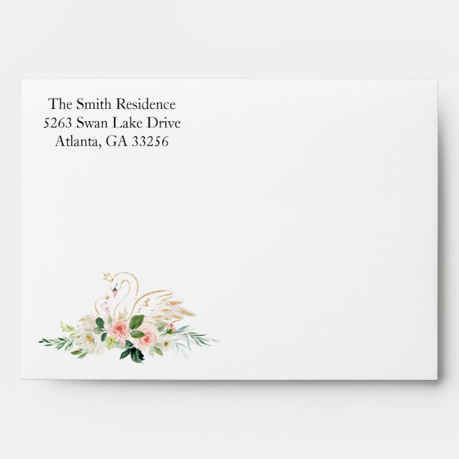 Blush Pink and Gold Floral Swan Baby Shower Envelope (Front)