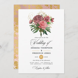  Blush Pink and Gold Floral Wedding Invitation