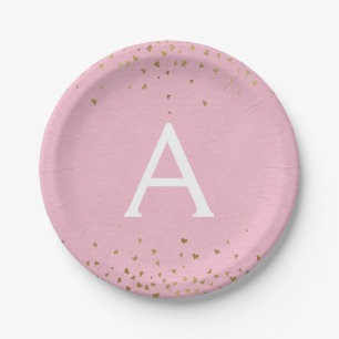 Blush Pink and Gold Foil Confetti Monogram Paper Plate