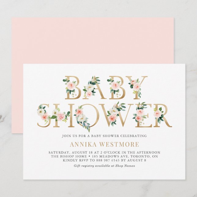 Blush Pink and Gold Foil Floral Girl Baby Shower Invitation (Front/Back)