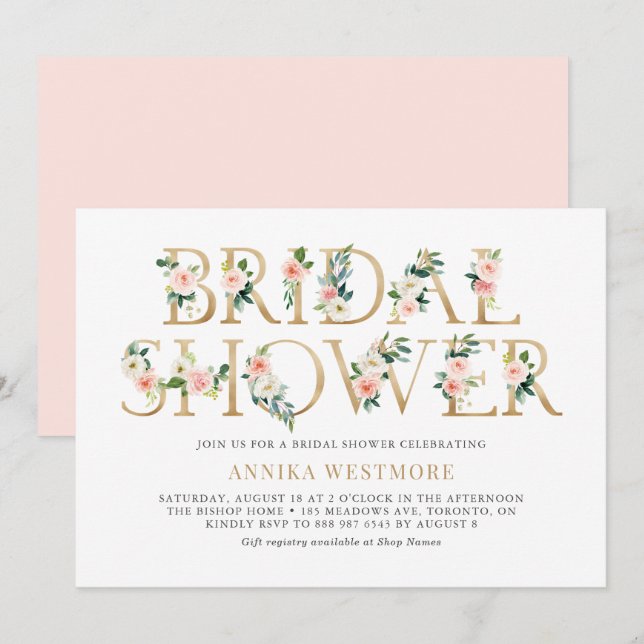 Blush Pink and Gold Foil Floral Girl Bridal Shower Invitation (Front/Back)