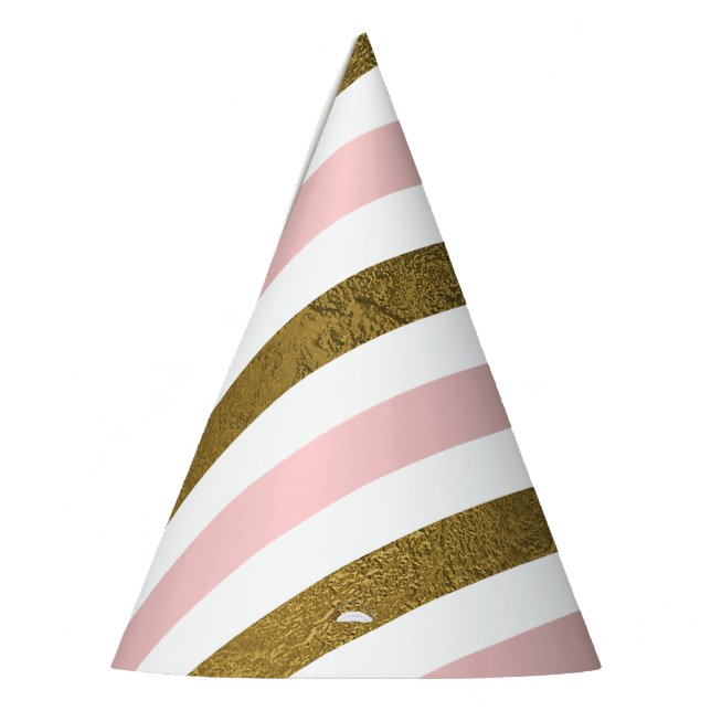 Blush Pink and Gold Foil Stripe Birthday Party Hat (Left)