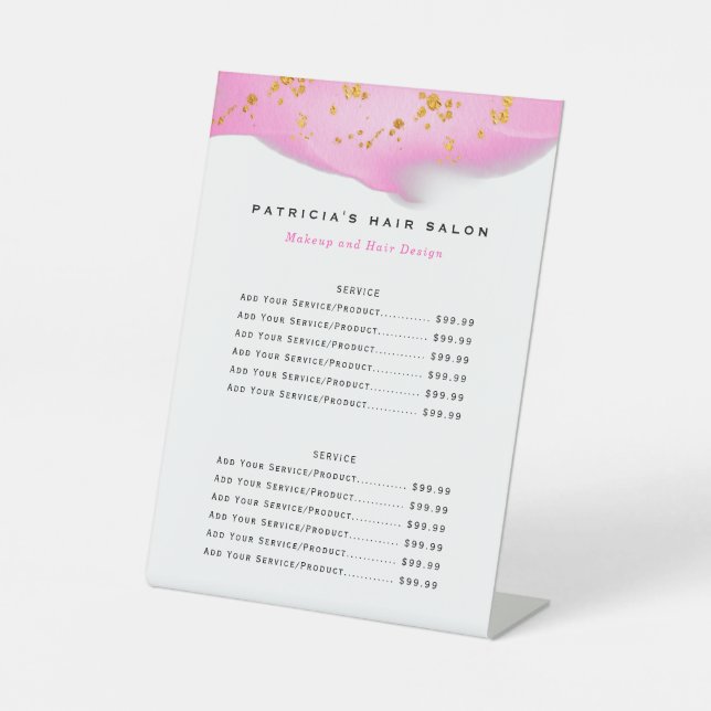 Blush Pink And Gold Glitter Biz Service Menu Pedestal Sign (Front)