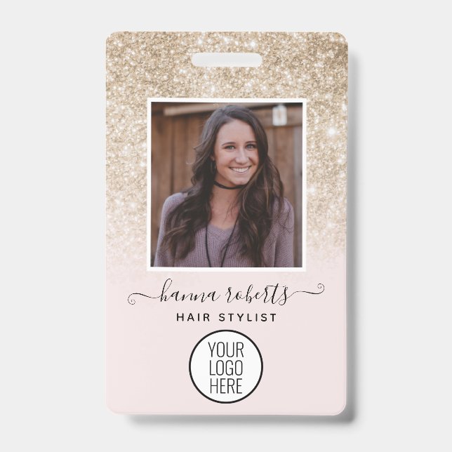Blush Pink and Gold Glitter Employee or Stylist ID Badge (Front)