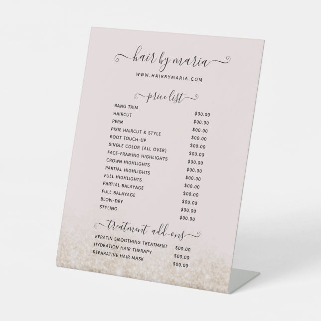 Blush Pink and Gold Glitter Hair Salon Price List  Pedestal Sign (Front)