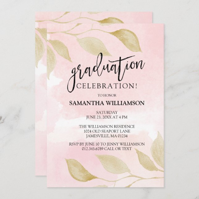 Blush Pink and Gold Graduation Party Invitations (Front/Back)